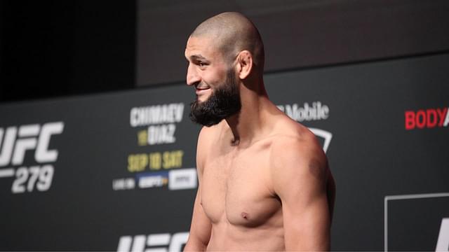 : Khamzat Chimaev weighs in for their UFC 279 bout during the official weigh-ins on September 9, 2022, at the UFC APEX in Las Vegas, NV