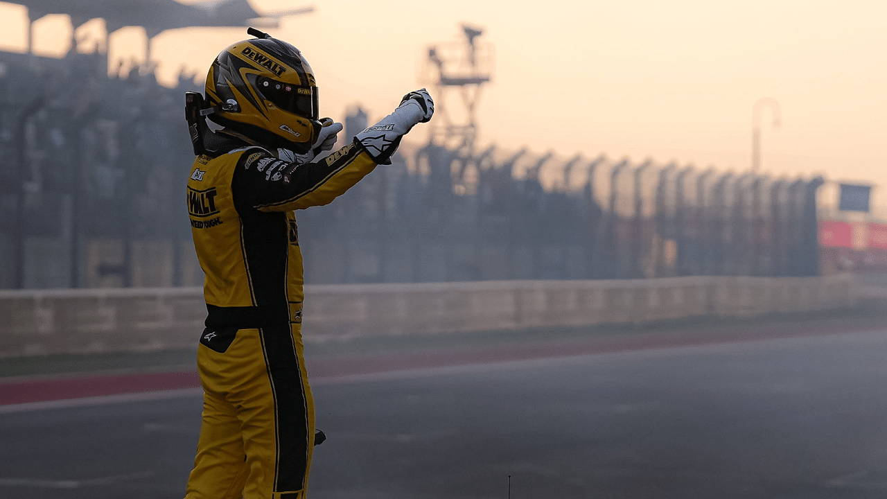 DEWALT Toyota driver Christopher Bell (20) celebrates winning the NASCAR Cup Series EchoPark Automotive Grand Prix at Circuit of the Americas on Sunday, March 2, 2025 in Austin.