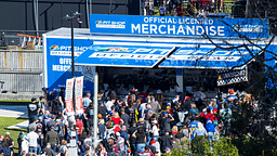 NASCAR Cup Series fans wait in line to buy official NASCAR merchandise during the Busch Light Clash at The Coliseum at Los Angeles Memorial Coliseum.