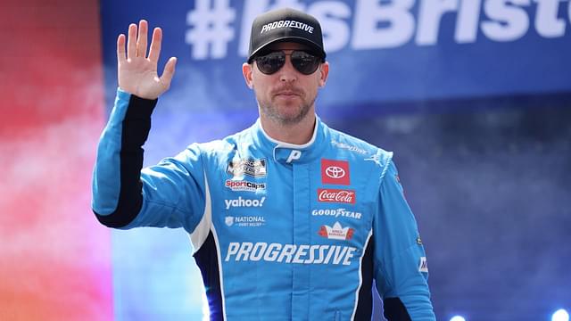Apr 13, 2025; Bristol, Tennessee, USA; NASCAR Cup Series driver Denny Hamlin (11) during driver introductions for the NASCAR Food City 500 at Bristol Motor Speedway.