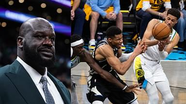 Shaquille O'Neal (L) and Giannis Antetokounmpo and Tyrese Haliburton (R)