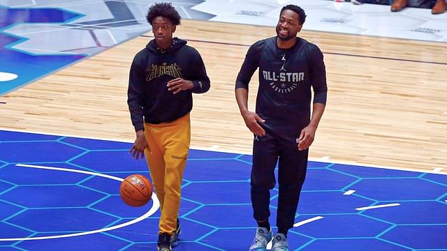 Feb 16, 2019; Charlotte, NC, USA; Team Lebron guard Dwayne Wade of the Miami Heat (3) with his son Zaire Blessing Dwyane Wade during NBA All-Star Game practice at the Bojangles Coliseum.
