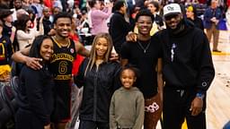 West guard Bronny James (6) poses for a family photo with grandmother Gloria Marie James, mother Savannah James , brother Bryce Maximus James, sister Zhuri Nova James and father LeBron James following the McDonald's All American Boy's high school basketball game at Toyota Center.