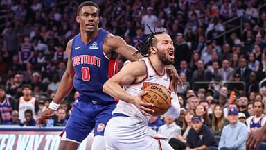 New York Knicks guard Jalen Brunson (11) drives past Detroit Pistons center Jalen Duren (0) in Game One of the First Round of the NBA Playoffs at Madison Square Garden