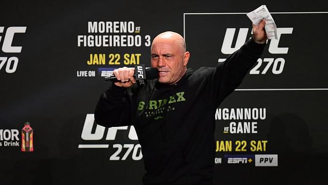 UFC host Joe Rogan opens the program for weigh-ins at UFC 270 at Anaheim Convention Center.
