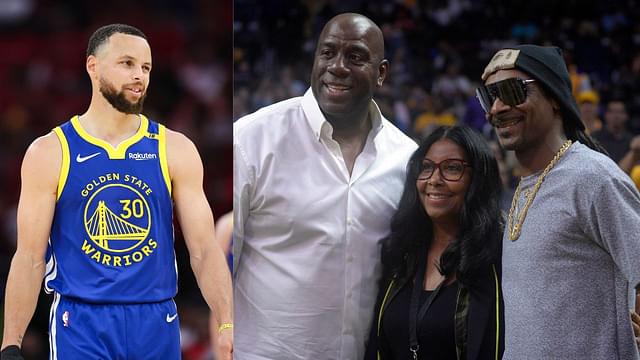 (L) Steph Curry (R) Magic Johnson, Cookie Johnson, and Snoop Dogg