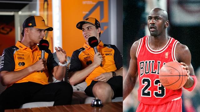 Lando Norris, Oscar Piastri (L) and Michael Jordan (R)