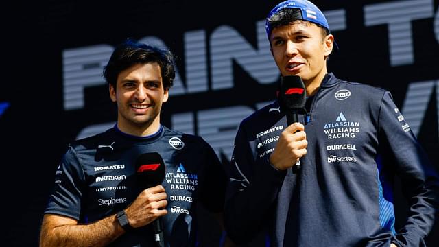 Carlos Sainz of Spain and Alexander Albon of Thailand and Williams Racing at a fan forum at the 2025 Australian Grand Prix at Albert Park in Melbourne, Australia