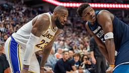 Apr 27, 2025; Minneapolis, Minnesota, USA; Minnesota Timberwolves guard Anthony Edwards (5) guards Los Angeles Lakers forward LeBron James (23) in the second quarter during game four of first round for the 2025 NBA Playoffs at Target Center.