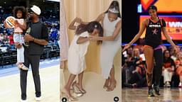 Dwyane Wade and daughter Kaavia (L), Gabrielle Union and Kaavia (C), Angel Reese (R)