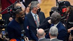 Lebron James and Michael Jordan on court during halftime during the 2022 NBA All-Star Game at Rocket Mortgage FieldHouse