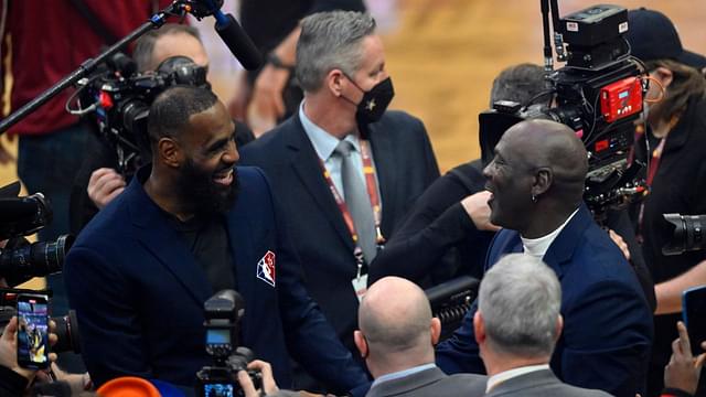 Lebron James and Michael Jordan on court during halftime during the 2022 NBA All-Star Game at Rocket Mortgage FieldHouse