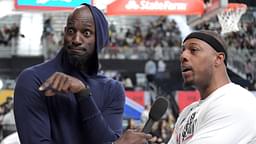 Former NBA player Kevin Garnett (left) interviews former NBA player Paul Pierce during the NBA All-Star Celebrity Game at the Los Angeles Convention Center.