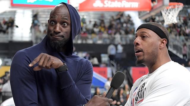 Former NBA player Kevin Garnett (left) interviews former NBA player Paul Pierce during the NBA All-Star Celebrity Game at the Los Angeles Convention Center.