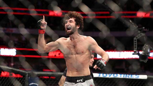 Zabit Magomedsharipov (red gloves) reacts after defeating Brandon Davis (not pictured) during UFC 228 at American Airlines Center.