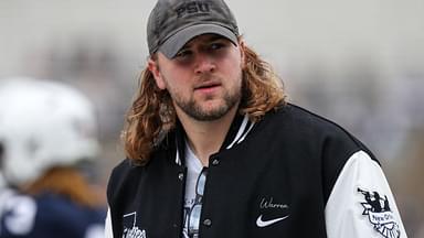Former Penn State Nittany Lions tight end Tyler Warren walks on the sideline prior to the Blue White spring game at Beaver Stadium.