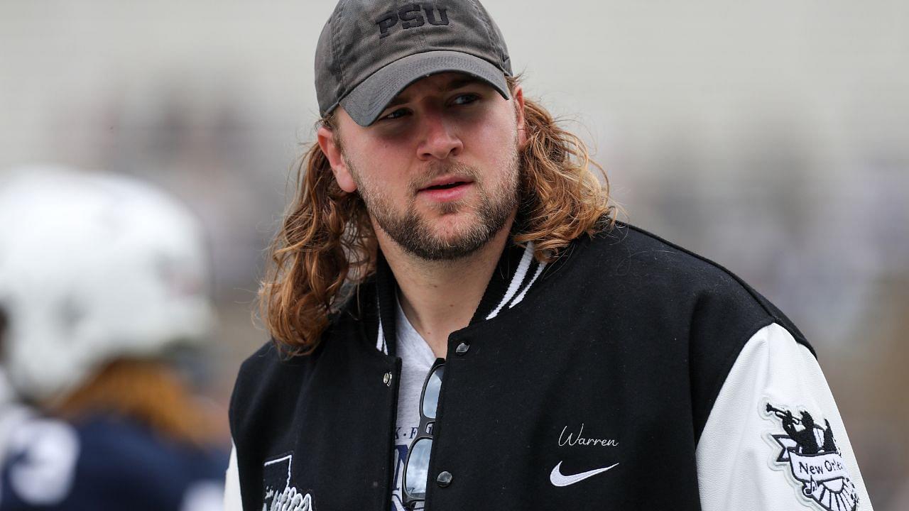 Former Penn State Nittany Lions tight end Tyler Warren walks on the sideline prior to the Blue White spring game at Beaver Stadium.