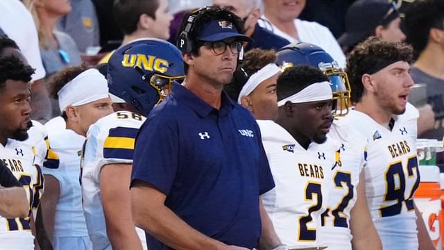 Sep 3, 2021; Boulder, Colorado, USA; Northern Colorado Bears head coach Ed McCaffrey looks on from the sidelines in the first quarter against the Colorado Buffaloes at Folsom Field.