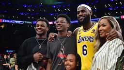 Los Angeles Lakers forward LeBron James (6) poses for photos with his sons Bronny and Bryce Maximus, daughter Zhuri, wife Savannah and mother Gloria after the game against the Oklahoma City Thunder at Crypto.com Arena.