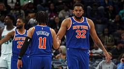 New York Knicks center Karl-Anthony Towns (32) reacts with guard Jalen Brunson (11) during the third quarter against the Memphis Grizzlies at FedExForum.