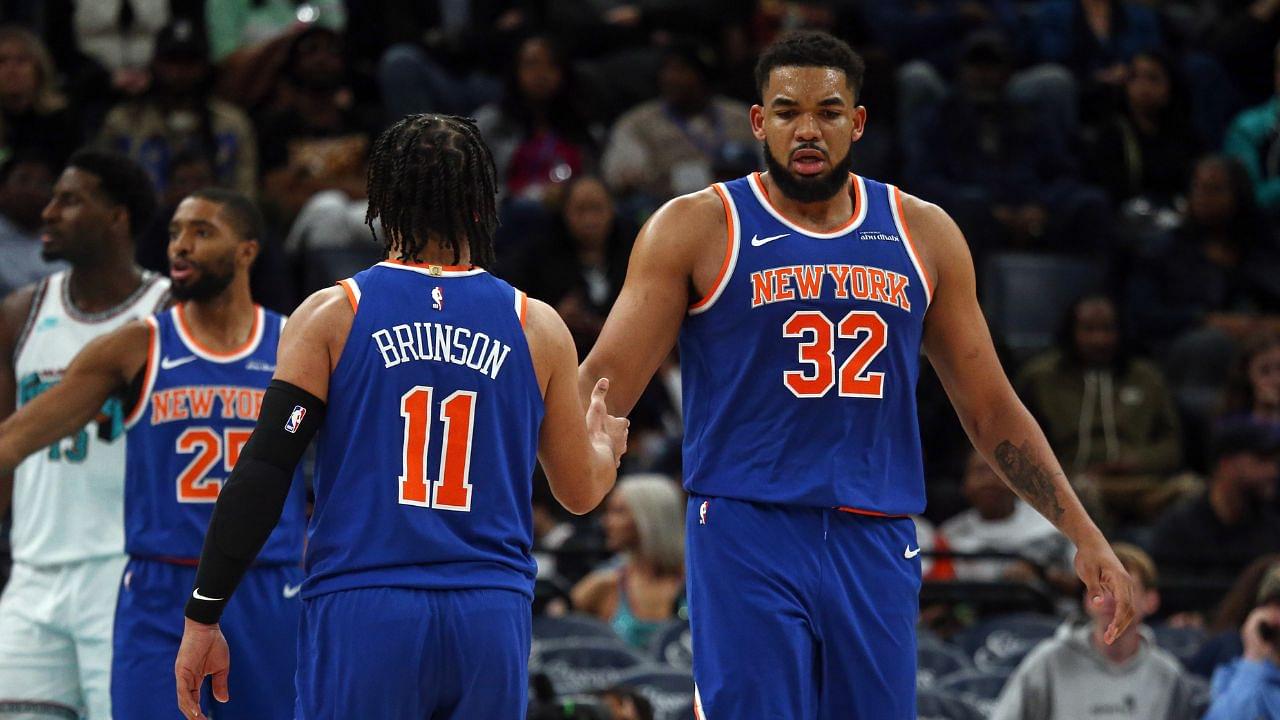 New York Knicks center Karl-Anthony Towns (32) reacts with guard Jalen Brunson (11) during the third quarter against the Memphis Grizzlies at FedExForum.
