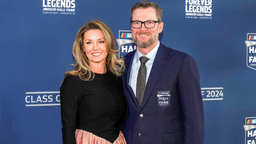Jan 19, 2024; Charlotte, NC, USA; Dale Earnhardt Jr. and his wife Amy during the red carpet at Charlotte Convention Center Crown Ballroom. Mandatory Credit: Jim Dedmon-Imagn Images