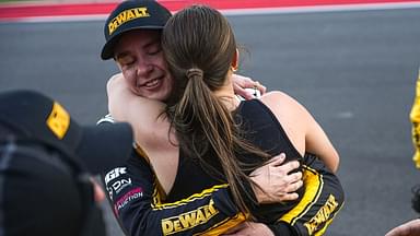 DEWALT Toyota driver Christopher Bell (20) hugs his wife Morgan Bell after winning the NASCAR Cup Series EchoPark Automotive Grand Prix at Circuit of the Americas on Sunday, March 2, 2025 in Austin.