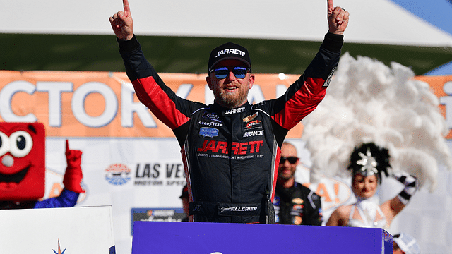 NASCAR Xfinity Series driver Justin Allgaier (7) celebrates his victory of The LiUNA! race at Las Vegas Motor Speedway.