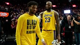 Los Angeles Lakers forward LeBron James (23) celebrates victory over the Portland Trail Blazers with his son guard Bronny James (9) at Moda Center.