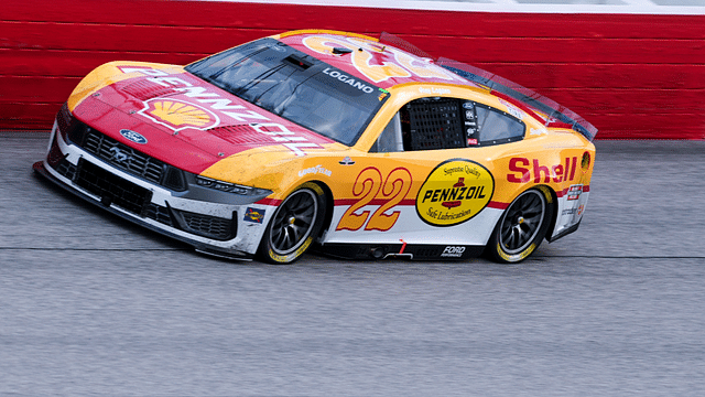 Apr 6, 2025; Darlington, South Carolina, USA; NASCAR Cup Series driver Joey Logano (22) during the Goodyear 400 at Darlington Raceway. Mandatory Credit: Jim Dedmon-Imagn Images