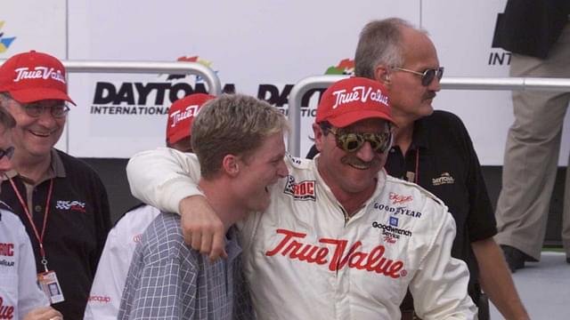 Dale Earnhardt hugs his son, Dale Earnhardt Jr., in victory lane after winning the International Race of Champions on Feb. 12, 1999 at Daytona International Speedway in Daytona, FL on Friday Feb. 12, 1999.