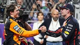 Oscar Piastri of Australia and the McLaren F1 Team shakes hands with Max Verstappen of the Netherlands and Oracle Red Bull Racing in the parc ferme after the F1 Grand Prix of Saudi Arabia at Jeddah Corniche Circuit in Jeddah, Saudi Arabia, on April 20, 2025