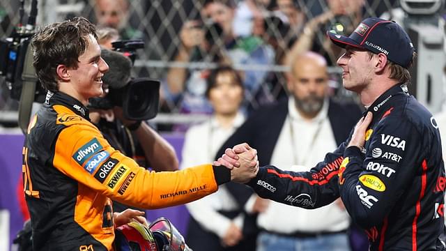 Oscar Piastri of Australia and the McLaren F1 Team shakes hands with Max Verstappen of the Netherlands and Oracle Red Bull Racing in the parc ferme after the F1 Grand Prix of Saudi Arabia at Jeddah Corniche Circuit in Jeddah, Saudi Arabia, on April 20, 2025
