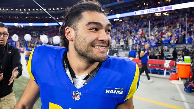 Los Angeles Rams wide receiver Puka Nacua (17) celebrates after defeating the Minnesota Vikings during an NFC wild card game at State Farm Stadium.