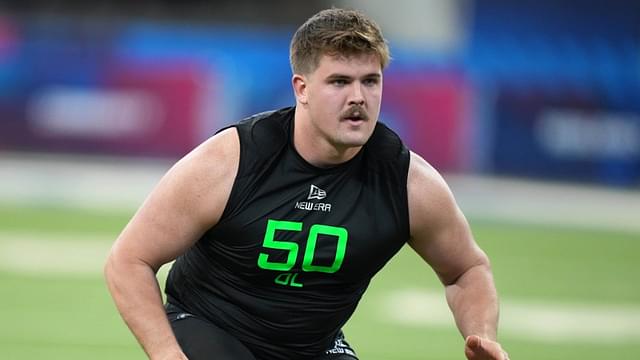 North Dakota State offensive lineman Grey Zabel (OL50) during the 2025 NFL Scouting Combine at Lucas Oil Stadium.
