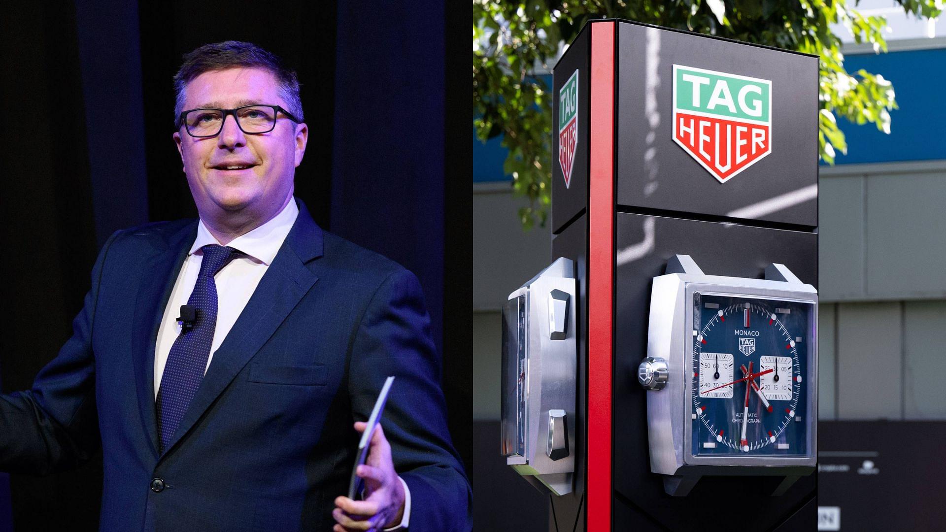 David Croft (L), Tag Heuer branding at F1's Australian GP (R)