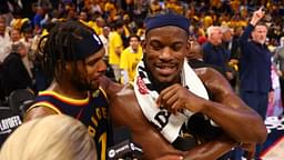 Golden State Warriors guard Buddy Hield (7) celebrates with forward Jimmy Butler III (10) as he speaks to TNT after the game four of the 2025 NBA Playoffs first round against the Houston Rockets at Chase Center.