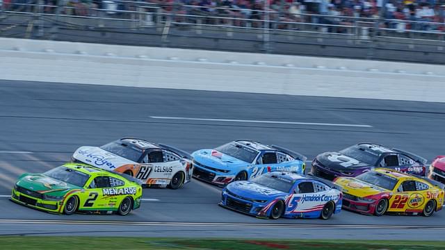NASCAR Cup Series driver Austin Cindric (2) leads the pack into turn one at Talladega Superspeedway.