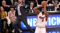 Brooklyn Nets head coach Jason Kidd reacts as Miami Heat small forward LeBron James (6) takes a shot during the second half at Barclays Center. The Brooklyn Nets won the game 104-95 in double overtime.