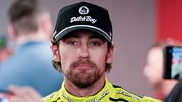 Ryan Blaney (12) talks with media at Darlington Raceway.