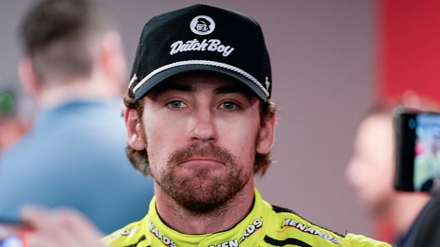 Ryan Blaney (12) talks with media at Darlington Raceway.