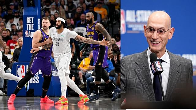 Luka Doncic and Anthony Davis (L), Adam Silver (R)