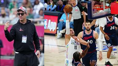 Payton Manning (L), Nikola Jokic of the Nuggets scores over Kawhi Leonard of the Clippers (R)