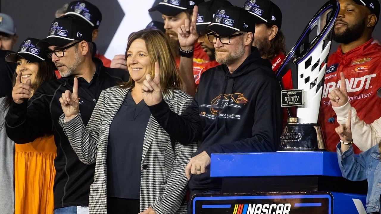 NASCAR Xfinity Series team owner Dale Earnhardt Jr and sister Kelley Earnhardt Miller celebrate after winning the 2024 Xfinity Series championship during the Championship race at Phoenix Raceway.