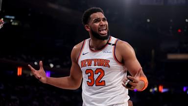 May 16, 2025; New York, New York, USA; New York Knicks center Karl-Anthony Towns (32) reacts during the first quarter of game six in the second round of the 2025 NBA Playoffs against the Boston Celtics at Madison Square Garden