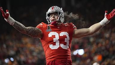 Ohio State Buckeyes defensive end Jack Sawyer (33) celebrates a sack of Tennessee Volunteers quarterback Nico Iamaleava (8) during the first half of the College Football Playoff first round game at Ohio Stadium in Columbus on Dec. 21, 2024.