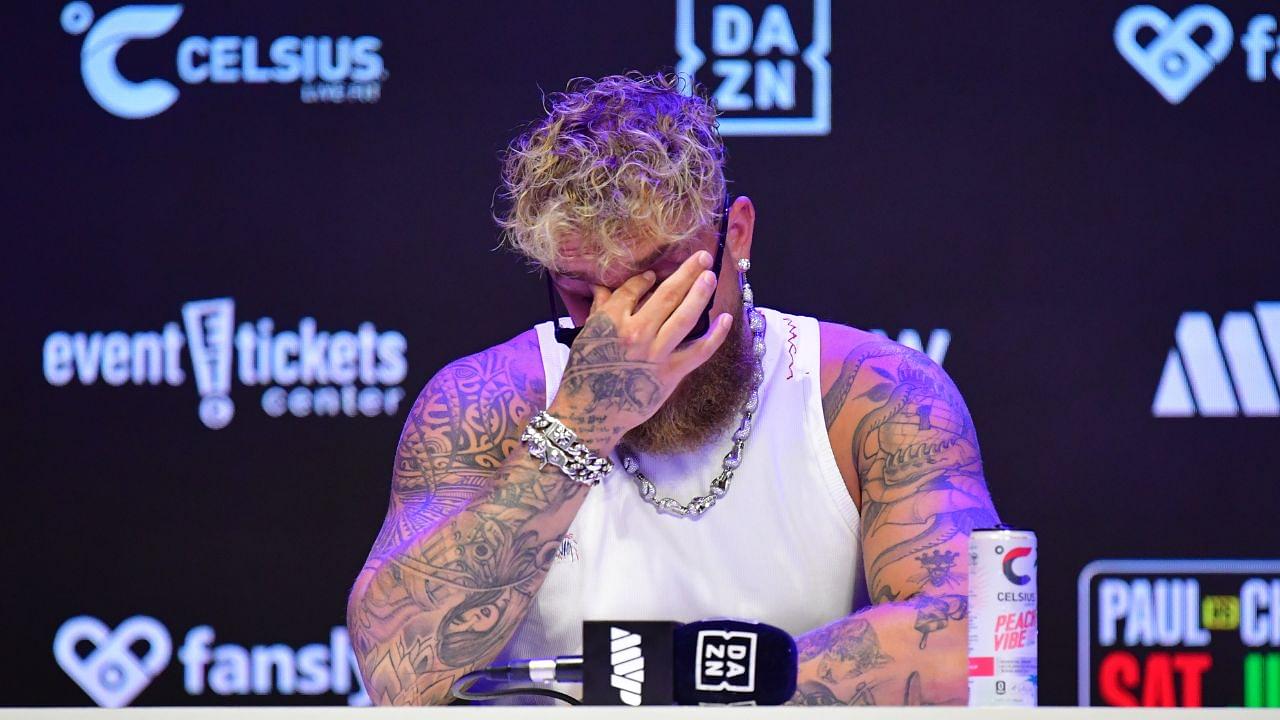 May 14, 2025; Los Angeles, California, USA; Jake Paul reacts at press conference in anticipation of his fight against Julio Cesar Chavez Jr. at Avalon Hollywood Theater.