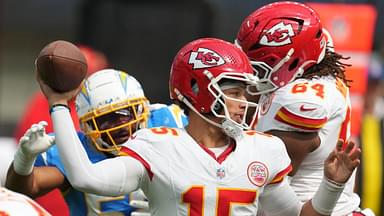 Kansas City Chiefs quarterback Patrick Mahomes (15) throws the ball in the first quarter against the Los Angeles Chargers at SoFi Stadium.