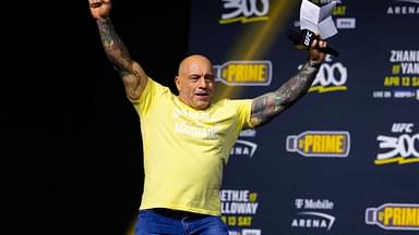 UFC announcer Joe Rogan reacts during ceremonial weigh ins for UFC 300 at MGM Grand Garden Arena.