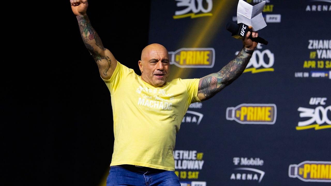UFC announcer Joe Rogan reacts during ceremonial weigh ins for UFC 300 at MGM Grand Garden Arena.